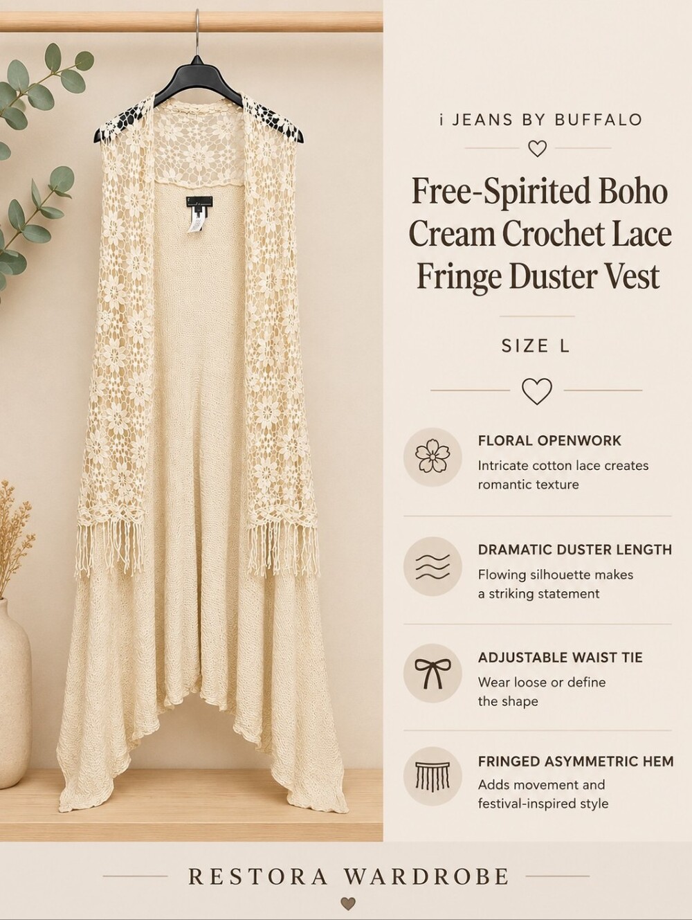 i Jeans by Buffalo Cream Boho Crochet Lace Fringe Duster Vest Size L